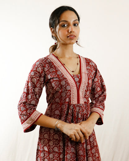 Maroon- Bagh handprinted dress with bell sleeves & pocket both side