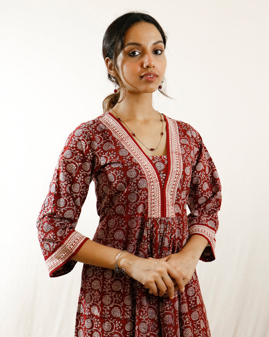 Maroon- Bagh handprinted dress with bell sleeves & pocket both side