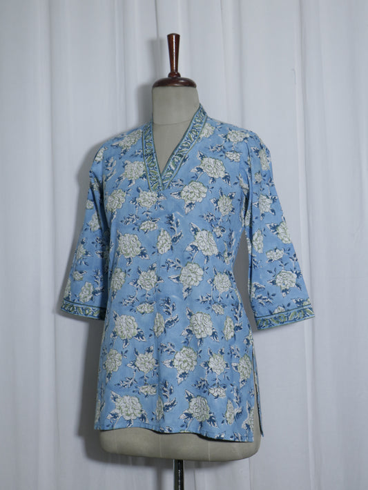 Sanganeri Handblock Printed Short Kurta with Halter Neck & Border Detailing