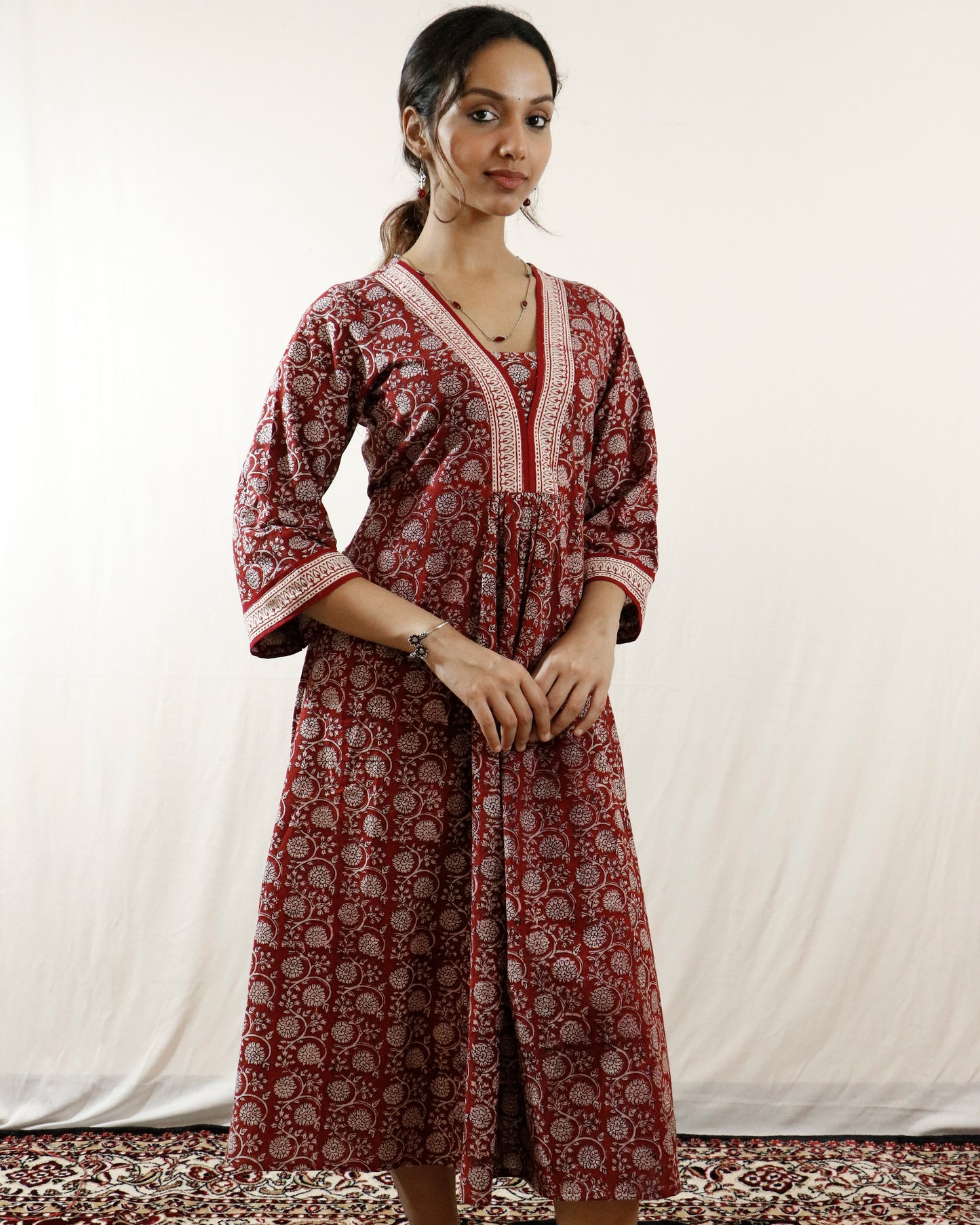 Maroon- Bagh handprinted dress with bell sleeves & pocket both side