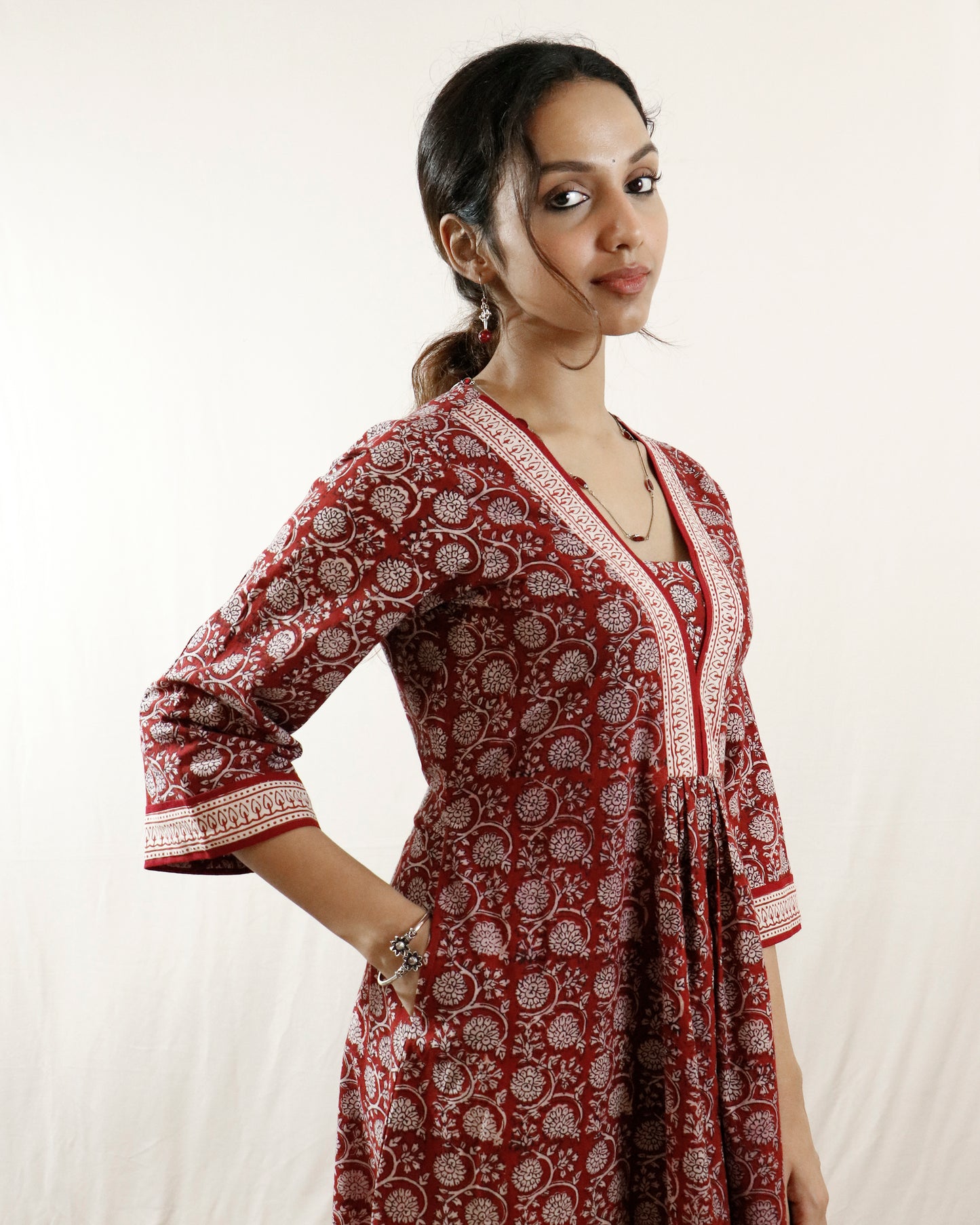 Maroon- Bagh handprinted dress with bell sleeves & pocket both side