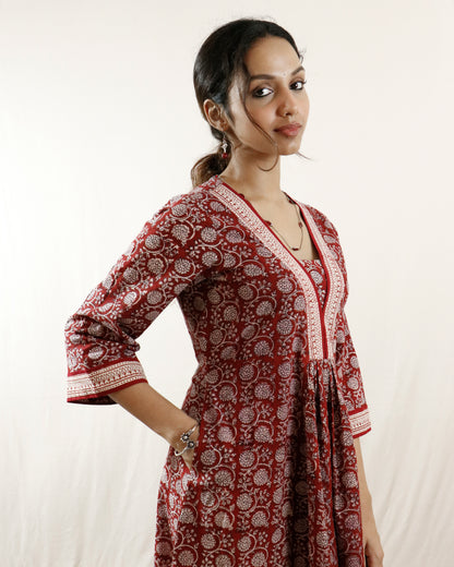 Maroon- Bagh handprinted dress with bell sleeves & pocket both side