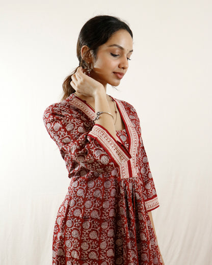 Maroon- Bagh handprinted dress with bell sleeves & pocket both side