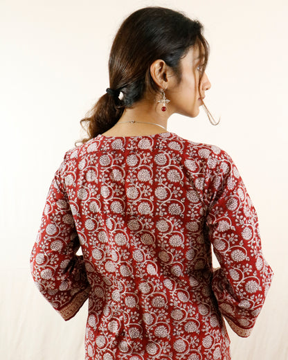 Maroon- Bagh handprinted dress with bell sleeves & pocket both side