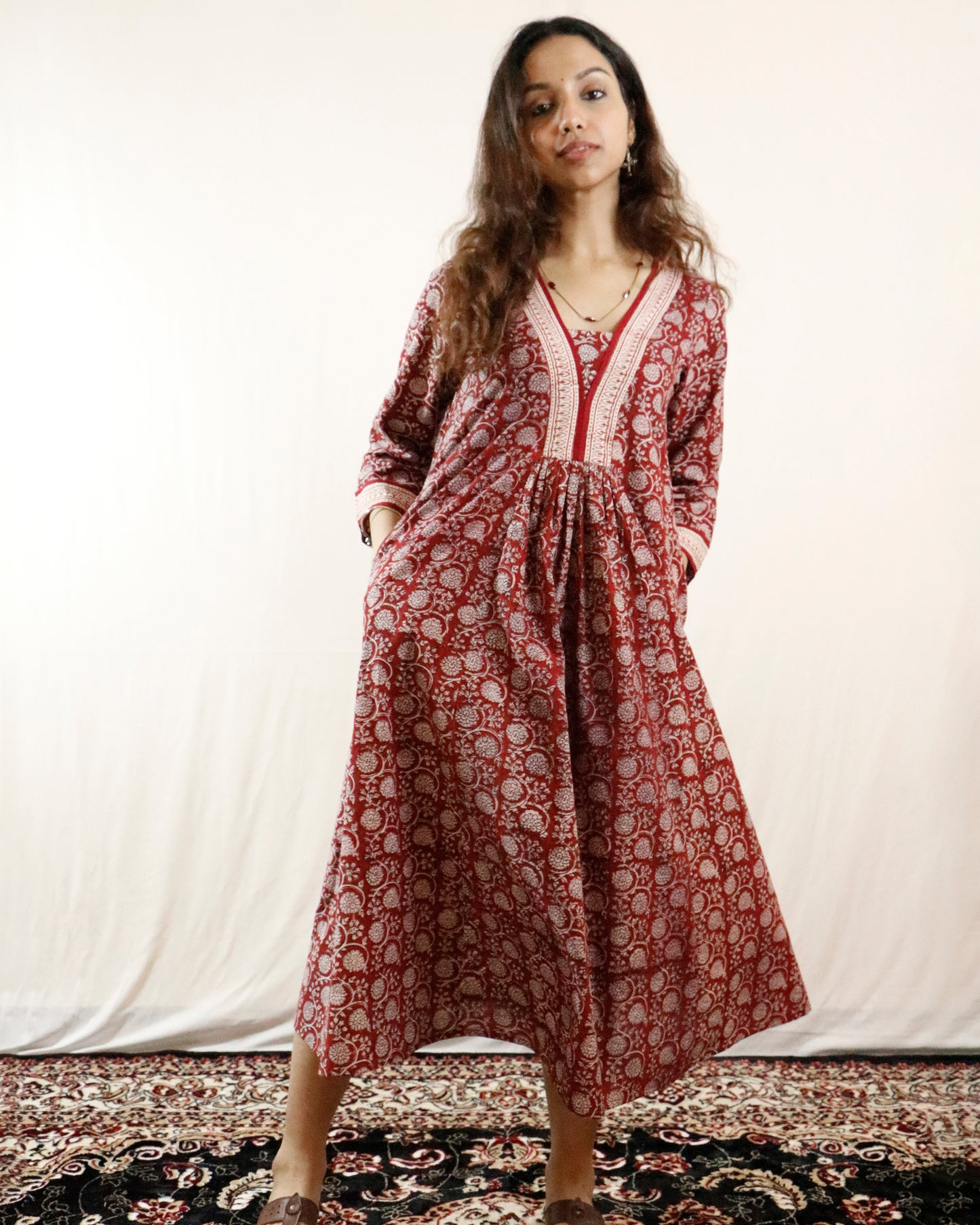 Maroon- Bagh handprinted dress with bell sleeves & pocket both side