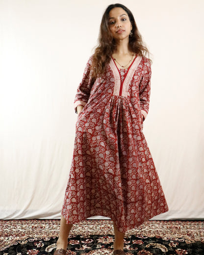Maroon- Bagh handprinted dress with bell sleeves & pocket both side