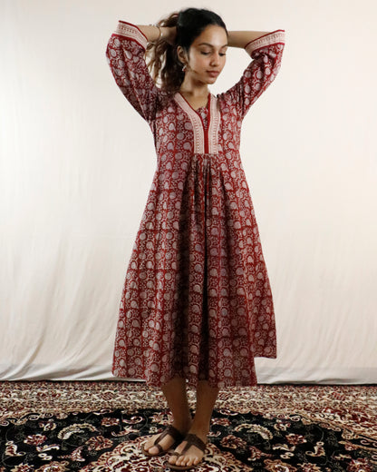 Maroon- Bagh handprinted dress with bell sleeves & pocket both side
