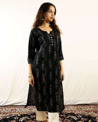 Black Ikat Handwoven Straight Fit Kurta with Thread Work & Shell Buttons