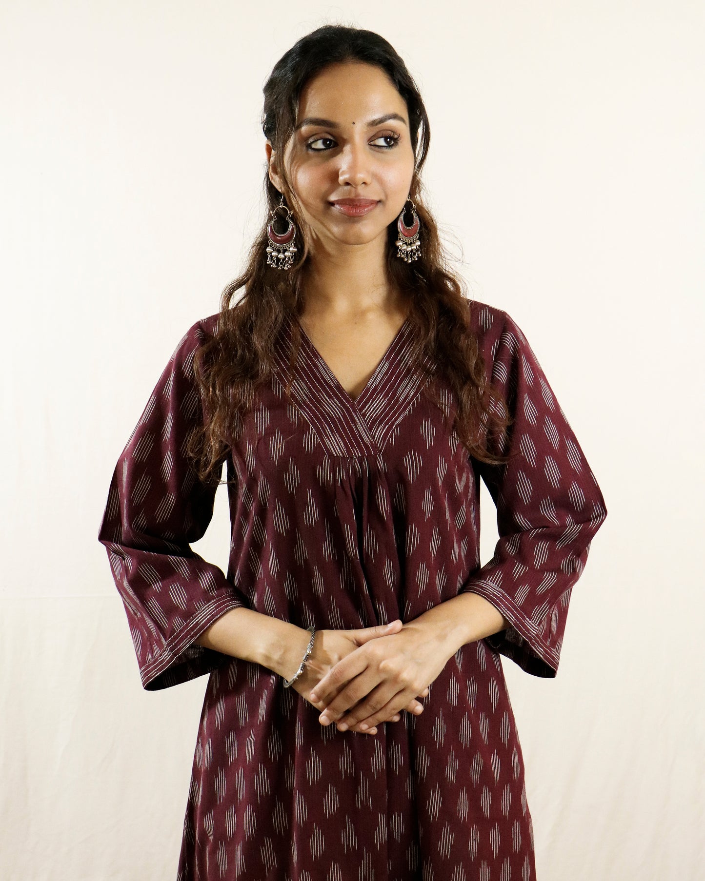 Wine Ikat Handwoven Cotton Kurta with Bell Sleeves