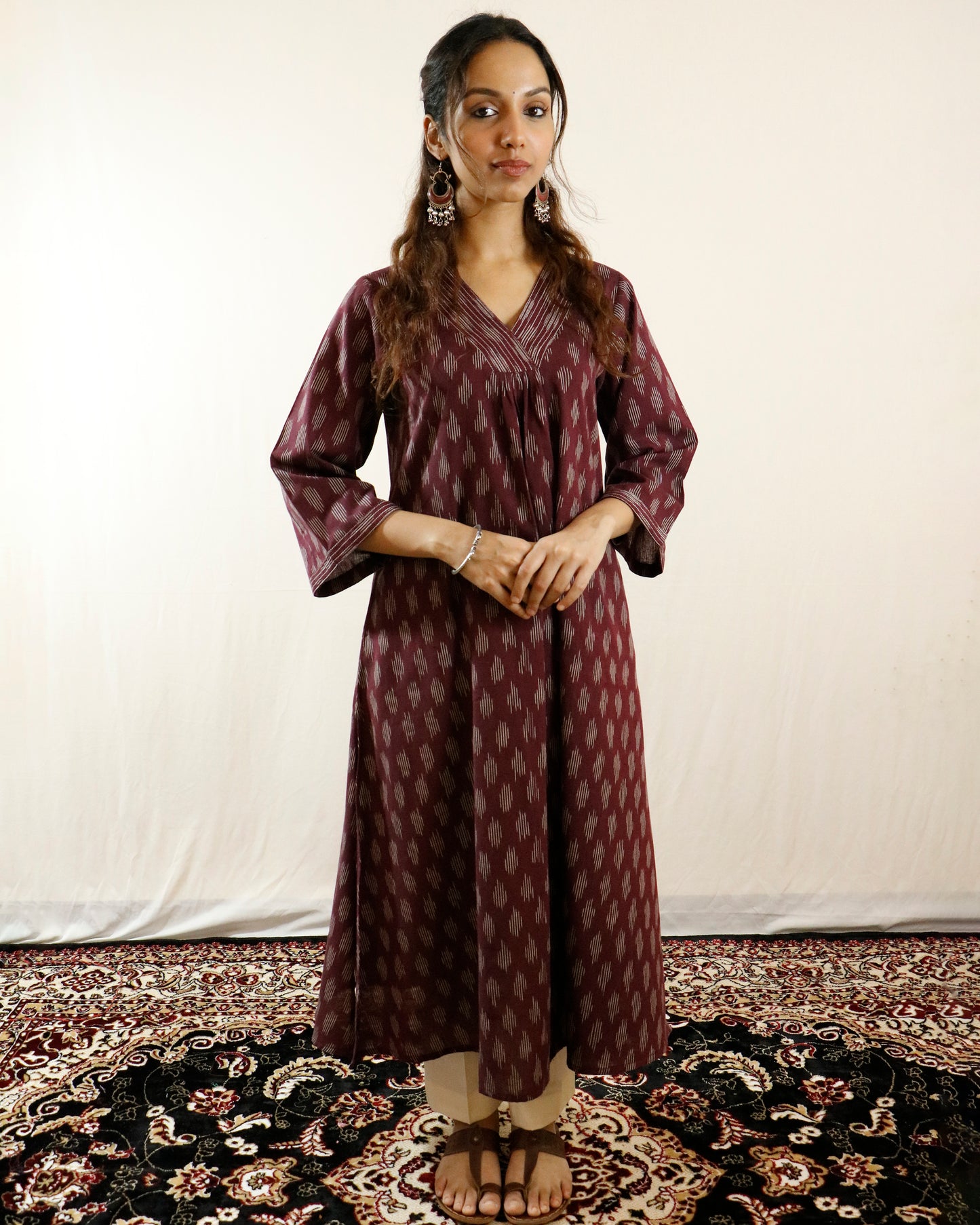 Wine Ikat Handwoven Cotton Kurta with Bell Sleeves