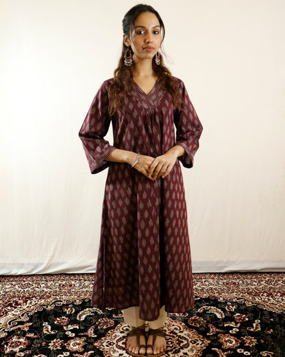Wine Ikat Handwoven Cotton Kurta with Bell Sleeves