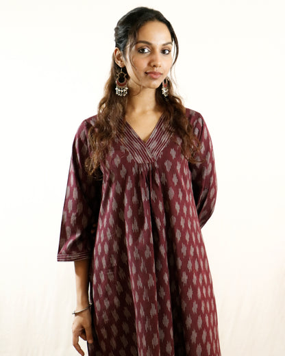Wine Ikat Handwoven Cotton Kurta with Bell Sleeves