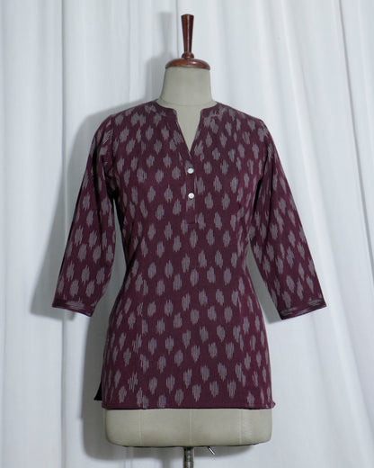 Handwoven Wine Ikat Short Kurta with Shell Button Detailing