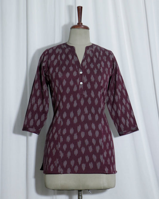 Handwoven Wine Ikat Short Kurta with Shell Button Detailing