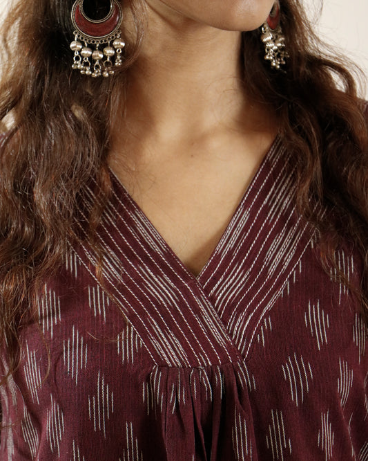 Wine Ikat Handwoven Cotton Kurta with Bell Sleeves