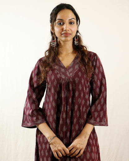Wine Ikat Handwoven Cotton Kurta with Bell Sleeves