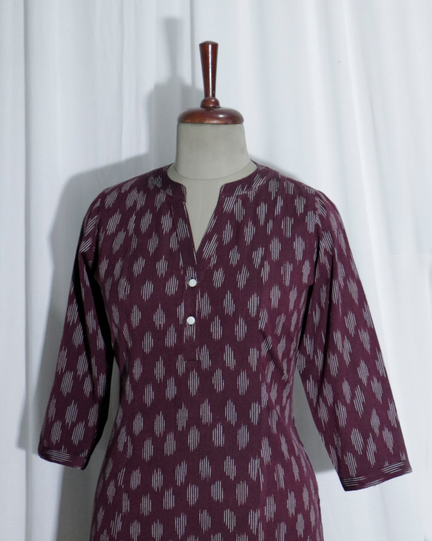 Handwoven Wine Ikat Short Kurta with Shell Button Detailing