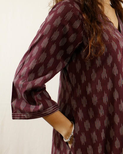 Wine Ikat Handwoven Cotton Kurta with Bell Sleeves