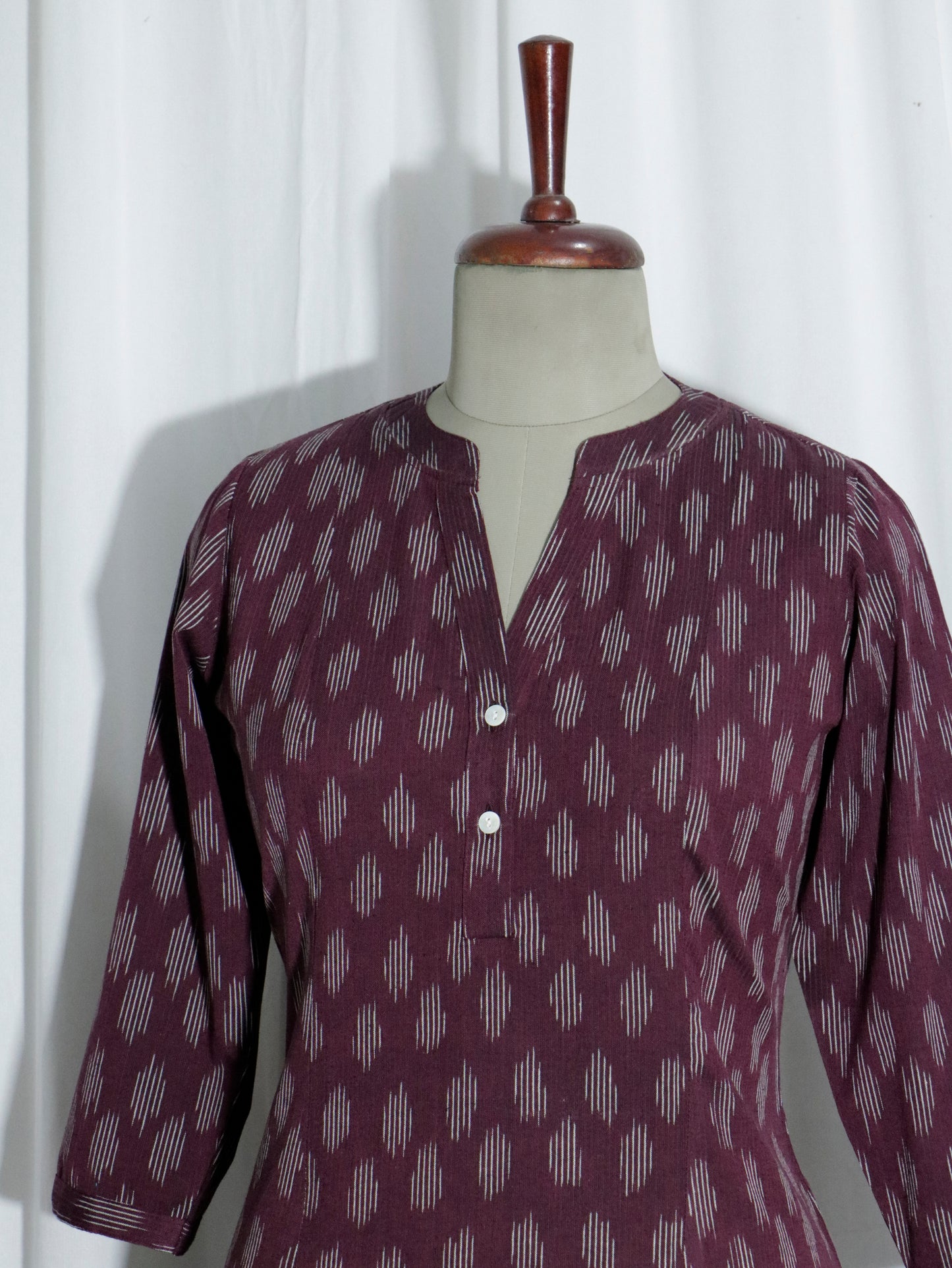 Handwoven Wine Ikat Short Kurta with Shell Button Detailing