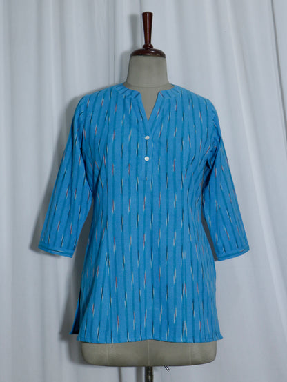 Handwoven Sky Blue Ikat Short Kurti with Shell Buttons
