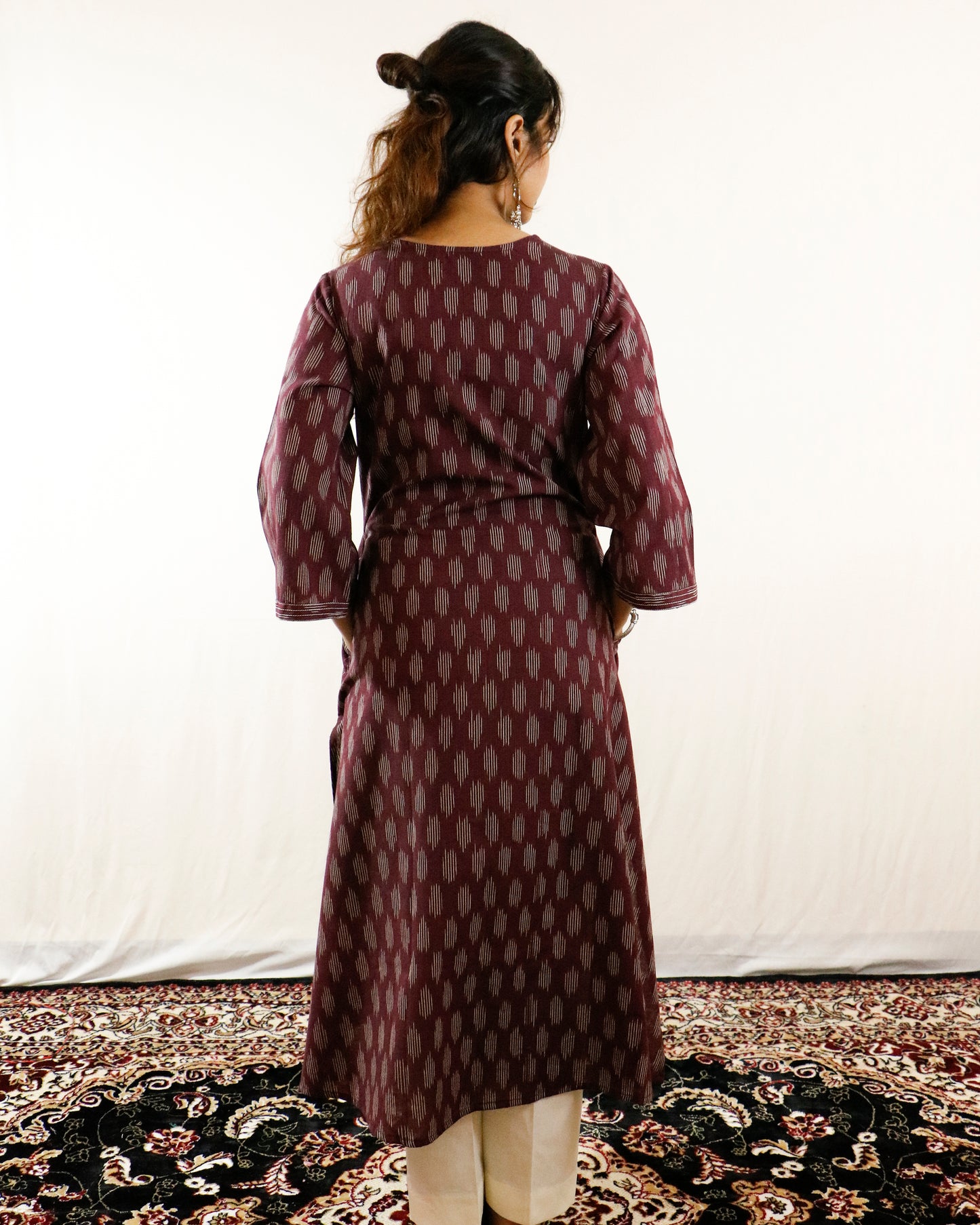 Wine Ikat Handwoven Cotton Kurta with Bell Sleeves