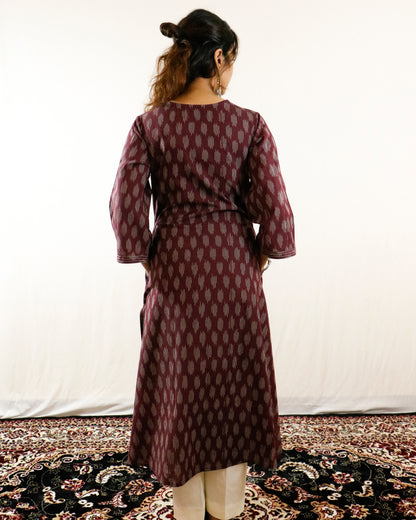 Wine Ikat Handwoven Cotton Kurta with Bell Sleeves