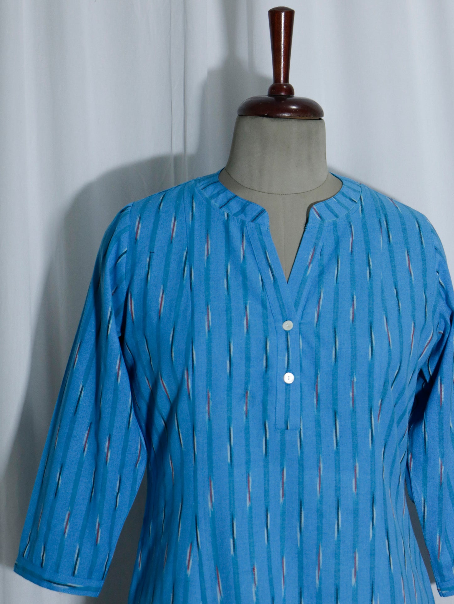 Handwoven Sky Blue Ikat Short Kurti with Shell Buttons