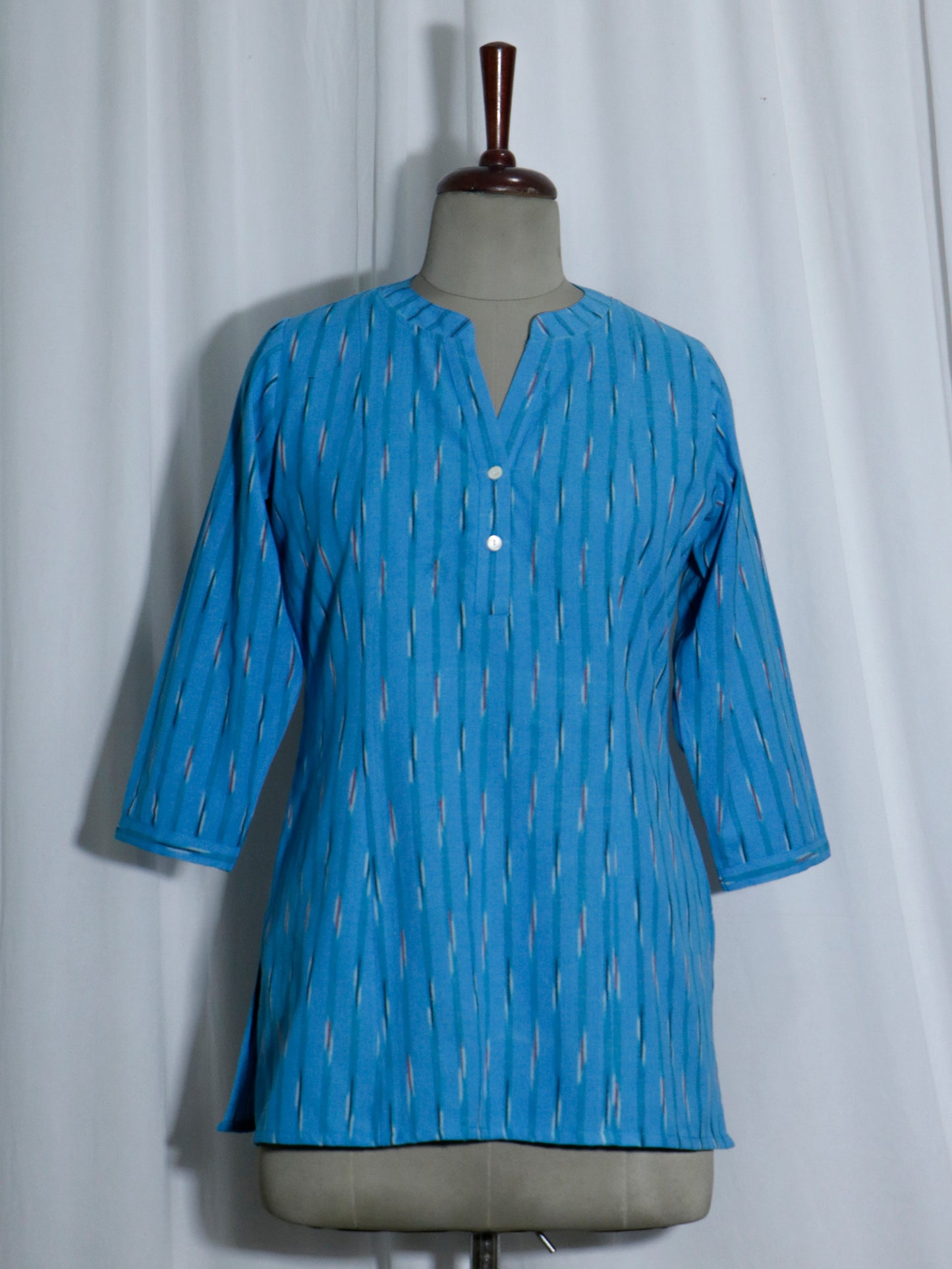 Handwoven Sky Blue Ikat Short Kurti with Shell Buttons