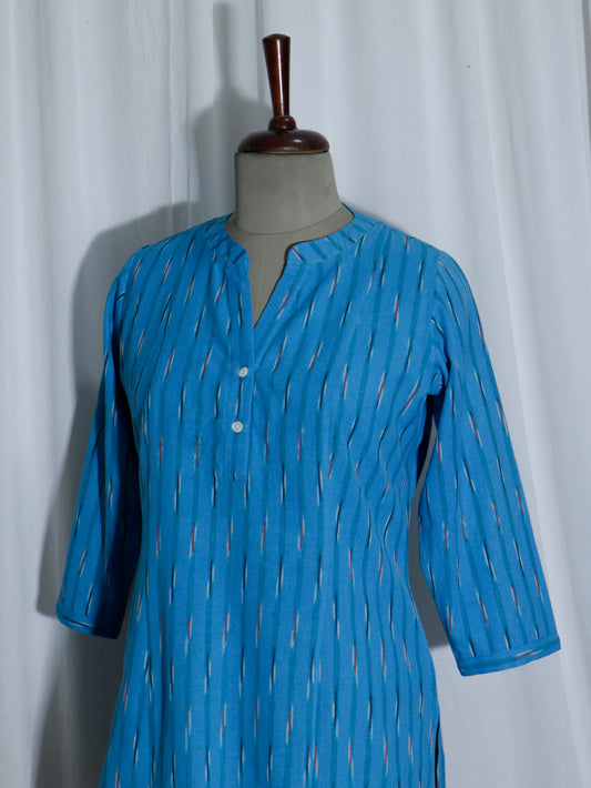 Handwoven Sky Blue Ikat Short Kurti with Shell Buttons