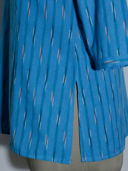 Handwoven Sky Blue Ikat Short Kurti with Shell Buttons