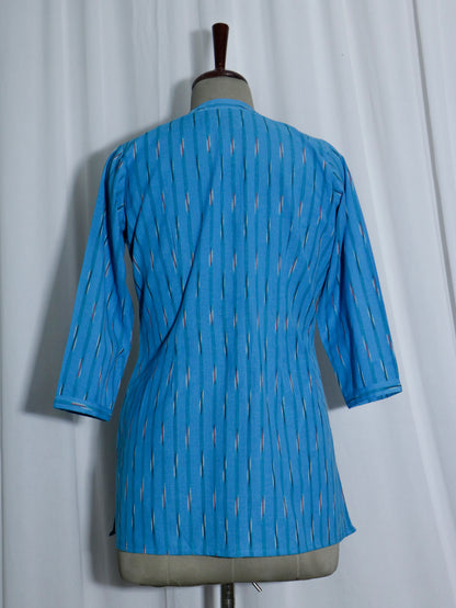 Handwoven Sky Blue Ikat Short Kurti with Shell Buttons