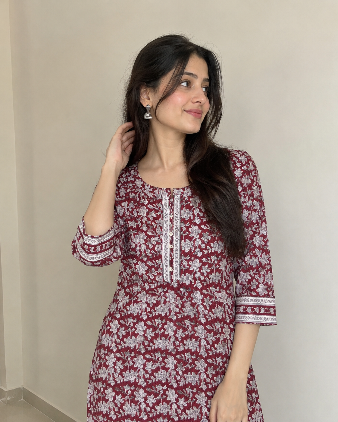 Maroon Handprinted Cotton A-Line Kurta with White Floral Print
