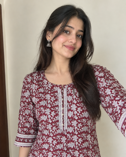 Maroon Handprinted Cotton A-Line Kurta with White Floral Print