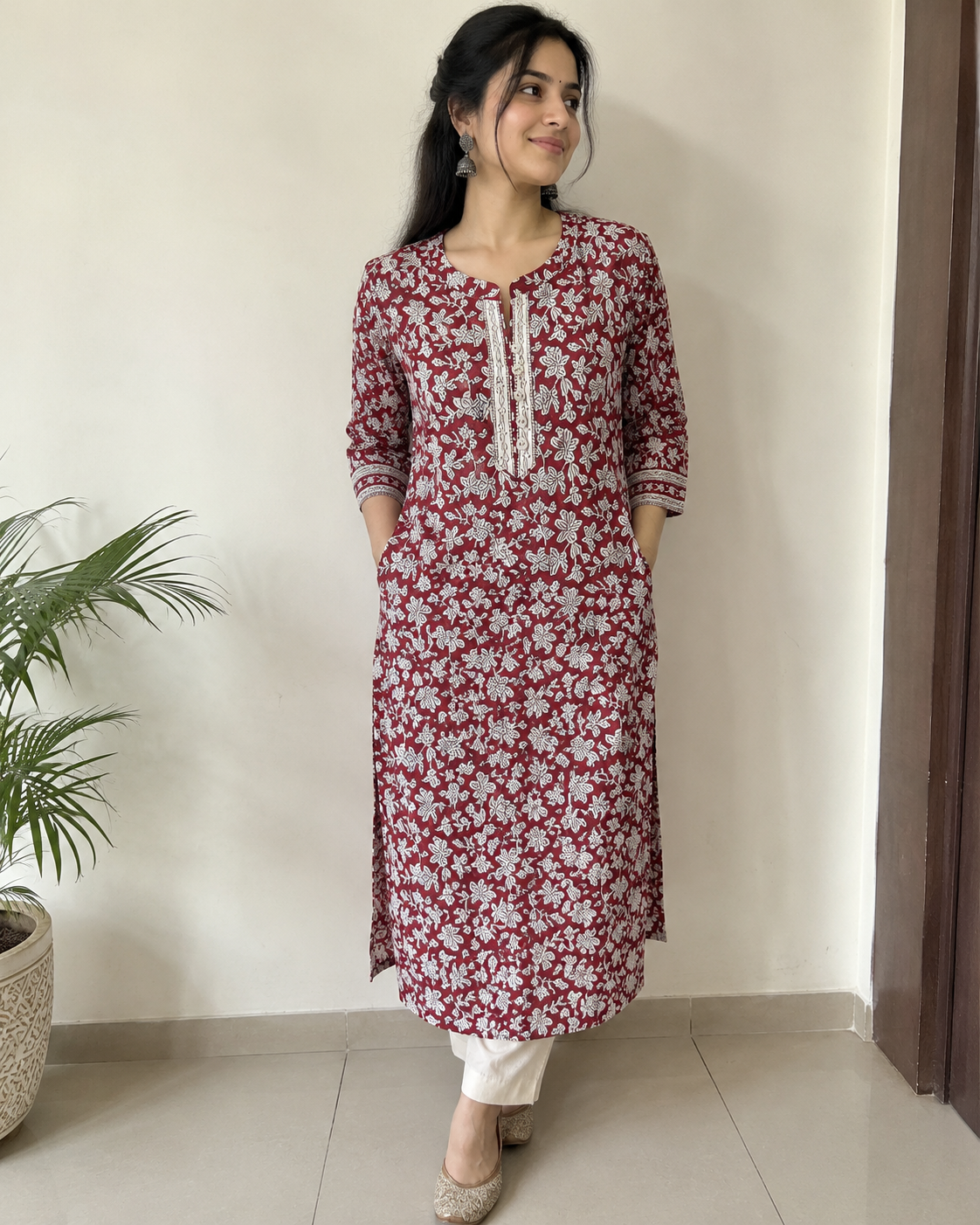 Maroon Handprinted Cotton A-Line Kurta with White Floral Print