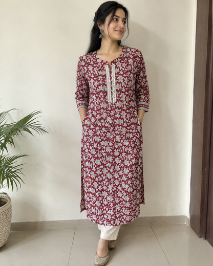 Maroon Handprinted Cotton A-Line Kurta with White Floral Print