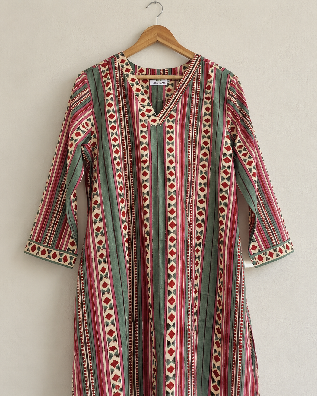 Handblocked Ajrakh Print Cotton Kurta with V-Neck