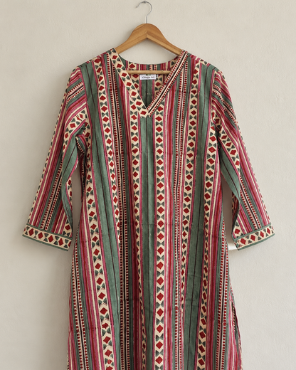 Handblocked Ajrakh Print Cotton Kurta with V-Neck