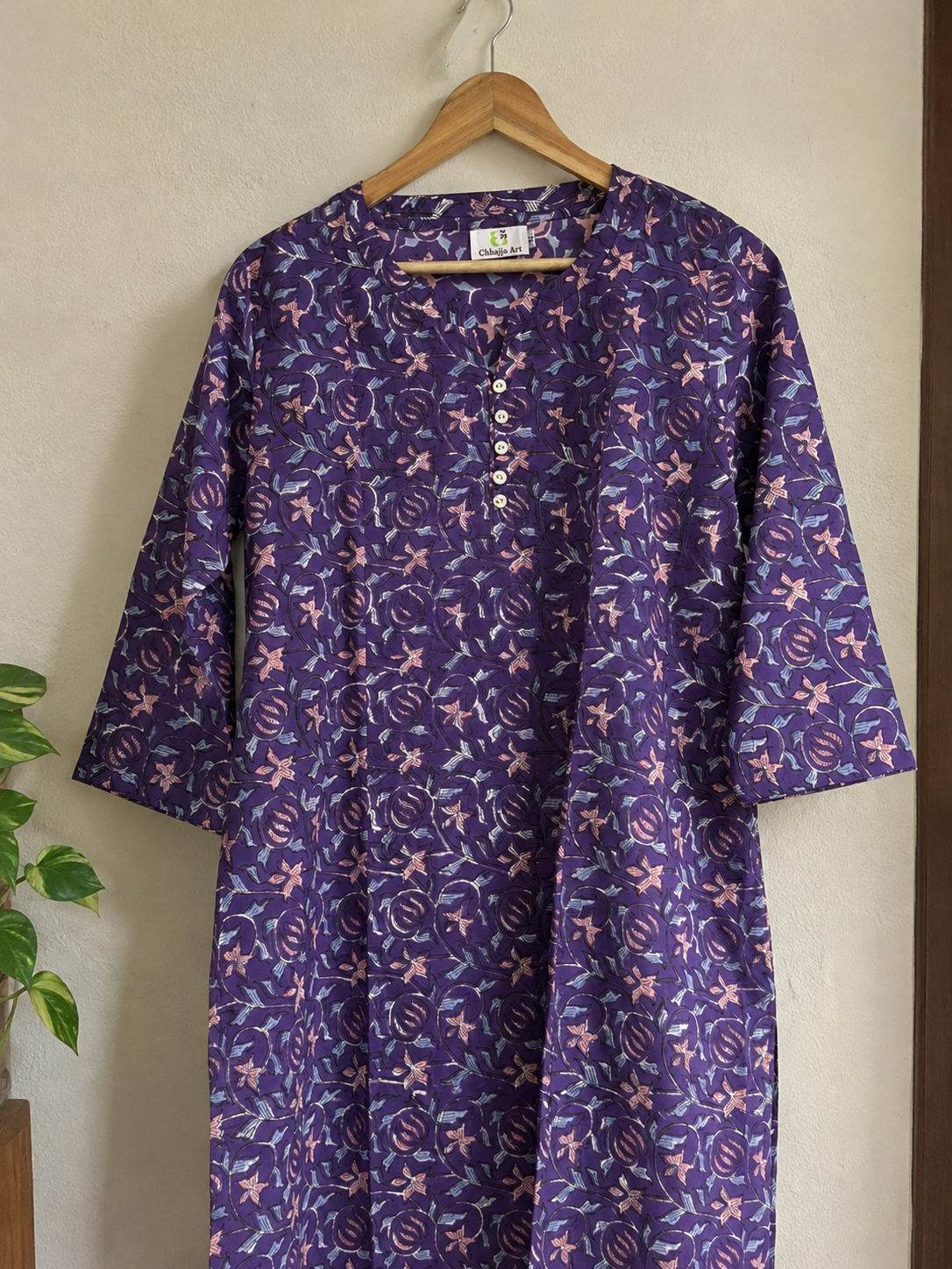 Purple Handprinted Cotton A-Line Kurta with Floral Motifs & Button Placket