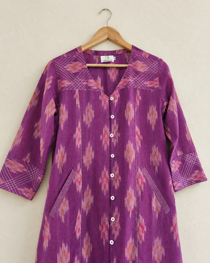 Purple Handloom Ikat Cotton Kurta with V-Neck & Contrast Stitch Detailing