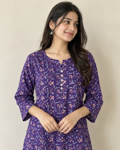 Purple Handprinted Cotton A-Line Kurta with Floral Motifs & Button Placket