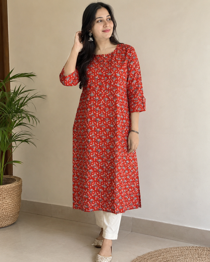 Ajrakh Hand Block Printed Cotton Kurta | Traditional Straight Fit 3/4 Sleeve Kurta