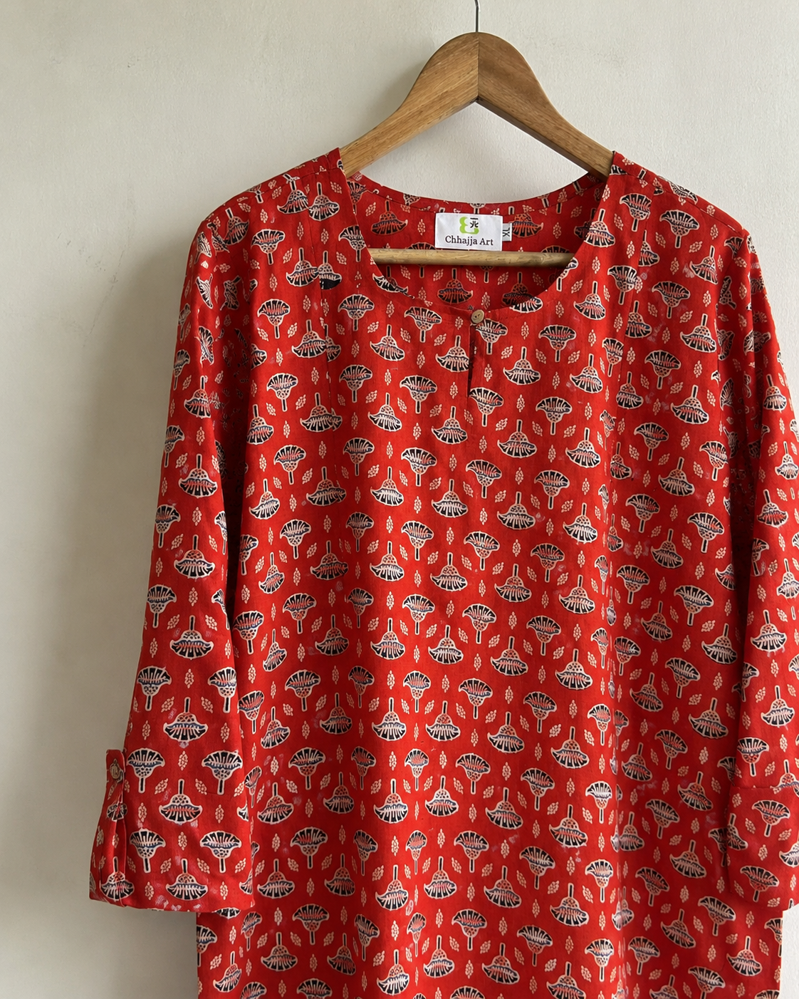 Ajrakh Hand Block Printed Cotton Kurta | Traditional Straight Fit 3/4 Sleeve Kurta