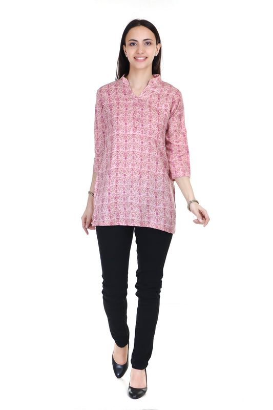 Baby Pink Digital Printed Cotton Short Kurta