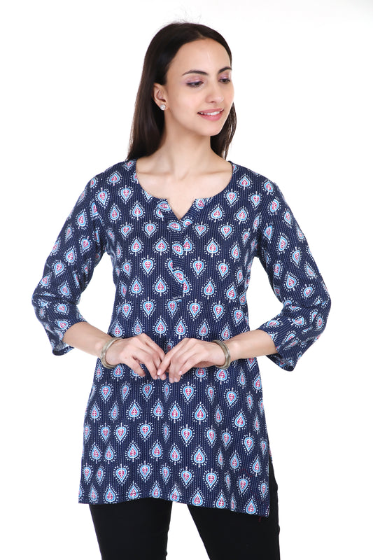 Royal blue kantha stitched cotton kurta