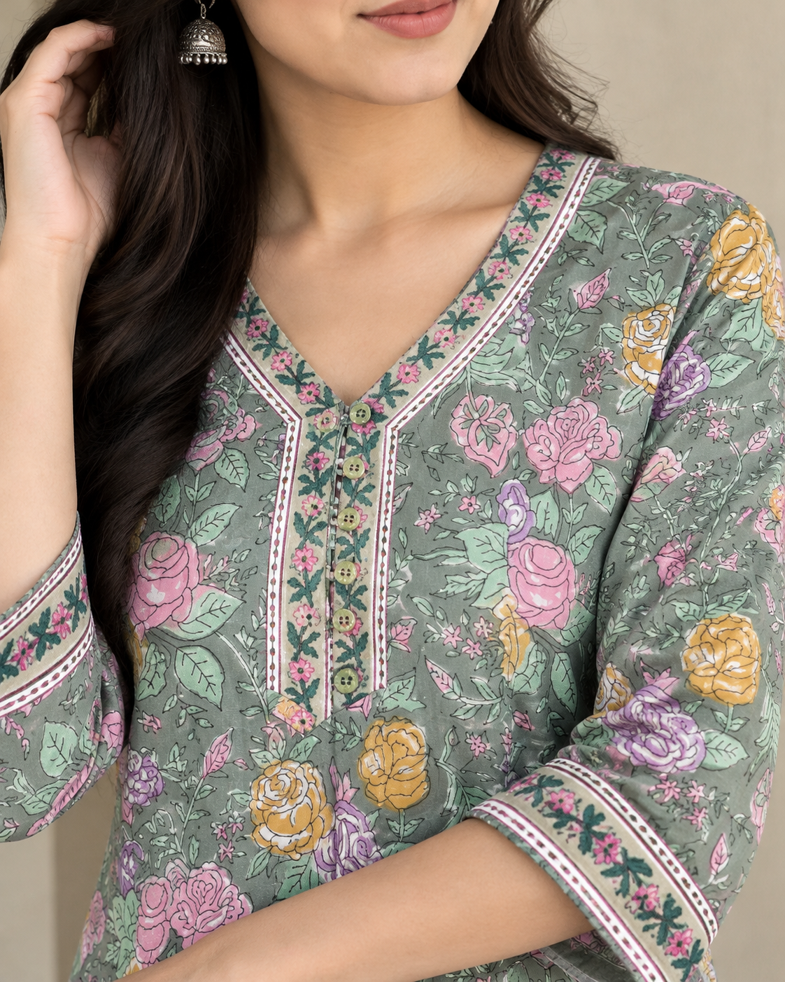 Sage Green Handprinted Floral Cotton Straight Fit Kurta with Side Pockets