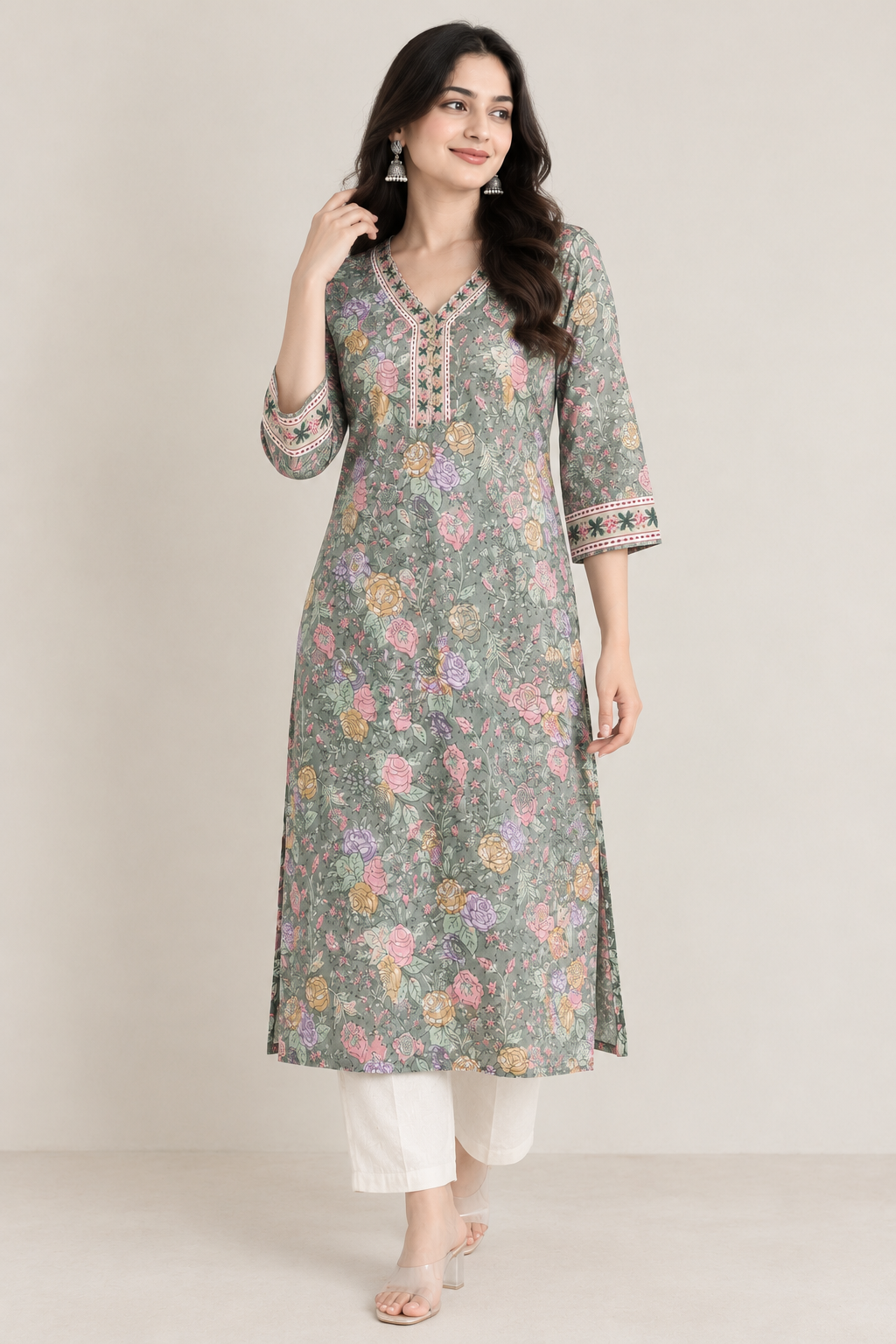 Sage Green Handprinted Floral Cotton Straight Fit Kurta with Side Pockets