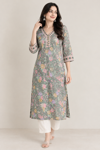 Sage Green Handprinted Floral Cotton Straight Fit Kurta with Side Pockets