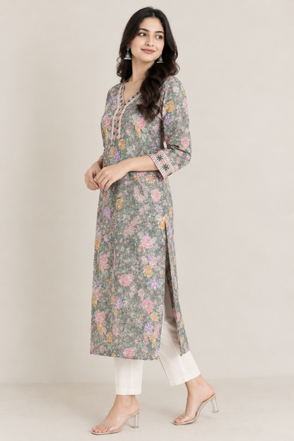 Sage Green Handprinted Floral Cotton Straight Fit Kurta with Side Pockets