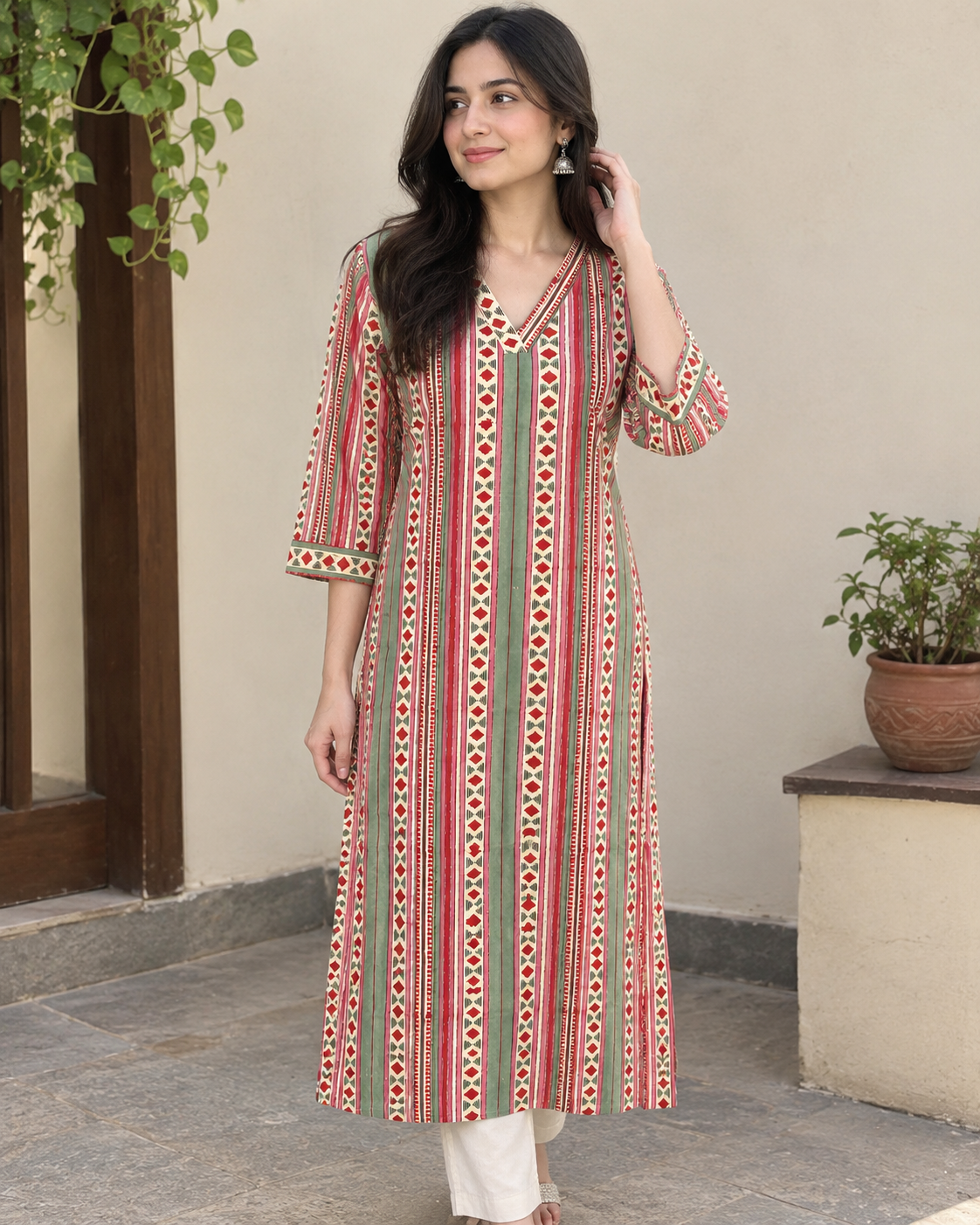 Handblocked Ajrakh Print Cotton Kurta with V-Neck