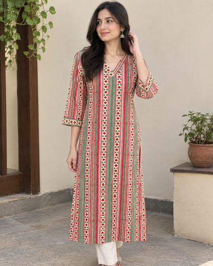 Handblocked Ajrakh Print Cotton Kurta with V-Neck